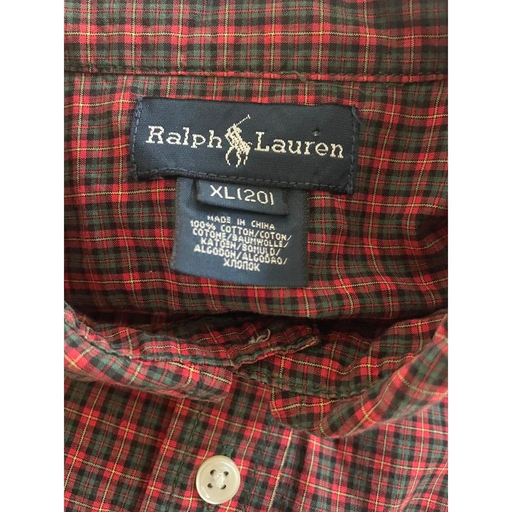 Ralph Lauren Kids XL 20 Red Green Plaid Button‎ Down Shirt Long Sleeve Cotton